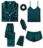 SWOMOG Damen Seide Satin Pyjamas Sets 7pcs Nachtwäsche Sexy Cami Shorts Set und Button Down Kurzarm Satin Pjs Tiefgrün M