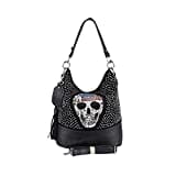 OBC Damen Totenkopf Skulls Tasche Strasssteine Glitzer Bowling Handtasche Shopper XL Beuteltasche Schultertasche (Schwarz 34x29x18 cm)