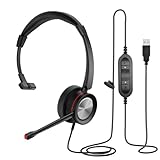 USB Headset mit Noise Cancelling Mikrofon, Mono Overear PC Kopfhörer für Computer Laptop Homeoffice Call Center Skype Teams Voip Softphone Chat, Pro Mic für Spracherkennung Dragon Nuance