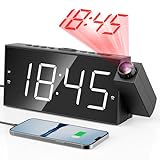 Projektionswecker für Schlafzimmer, Digitalwecker mit großer 7" LED-Anzeige, Dimmer, 180° Projektor, USB-Ladegerät, 12/24 H, DST, Snooze, Batterie Backup, Schreibtisch Wand Deckenuhr für ältere Kinder