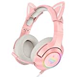 AJIJAR Rosa Gaming-Headset mit Mikrofon, Mädchen Frauen Katzenohren Kopfhörer 3,5mm Kompatibel mit PC PS4 PS5 Xbox One (ohne Adapter) Smartphone, mit Surround-Sound, RGB, Geräuschunterdrückung, rose