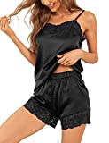 ENJOYNIGHT Schlafanzug Damen Sexy Pyjama Set Satin Nachtwäsche Sommer Kurz Hausanzug Spitzen Cami Top und Shorts Negligee V-Ausschnitt Sleepwear(Small,Schwarz)