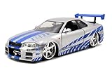 Jada Toys 97158 Fast & Furious Brian's 2002 Nissan Skyline GTR-R R34, Auto, Tuning-Modell im Maßstab 1:24, mit Spoiler, zu öffnende Türen, Motorhaube und Kofferraum, Freilauf, silber