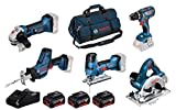 Bosch Professional 18V System Combo Kit: GSR 18V-28 + GST 18V-LI S + GWS 18-125 V-LI + GKS 18V-LI + GSA 18V-LI C (inkl. 3x 4.0Ah Akku, Schnellladegerät GAL 18V-40, Werkzeugtasche)