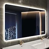 STARLEAD Badspiegel-mit-Beleuchtung 100x70cm, Badezimmerspiegel-mit-Bluetooth, Entfoggen, Dimmbar, 3 Lichtfarben, Speicherfunktion, IP44 LED-Spiegel-Bad, Horizontal/Vertikal, HD Hartglas