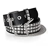 WHIPPY Nietengürtel Leder Metall Punk Rock Nietengürtel für Damen/Herren Punk-Ledergürtel mit abnehmbarer kette Gotischer Gürtel Zubehör für Jeanshosen,110cm