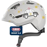 ABUS Kinderhelm Smiley 3.0 - Fahrradhelm mit tiefer Passform, kindergerechten Designs & Platz für einen Zopf - für Mädchen und Jungs - Grau mit Auto-Muster, Größe M