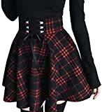 PADOLA Damen Faltenrock A-Linie Gothic Rock Kariert Plaid Rock High Waist Plissee Minirock Schulmädchen Rock Gothic Skirt zum Schnüren (Schwarz Rot Plaid, L)