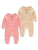 Chamie Baby Romper Newborn Knitted Jumpsuit Long Sleeve Baby Boys Girls Footless One-Piece Suit 0-24 Months,2 Pcs,Almond,Pink