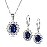 MASOP Silber Damen Schmuck Set, 925 Sterling Silber Saphir Schmuckset, Silber Blau Halskette und Ohrringe Set, Oval Anhänger mit 45 cm Damen Halskette & Ohrhänger, Prinzessin Diana Luxus Schmuck