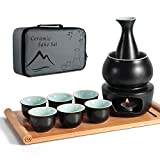 Keramik Sake Set + Warmer Pot Bambus Tablett, Herd Safe Keramik Hot Saki Drink, 10 Stück Inklusive Herd Wärmeschale Sake Flaschen Tablett 6 Tasse + Sake Aufbewahrung Geschenkbox