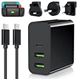 65W USB C Ladegerät für Steam Deck, 3 Port PD Schnellladegerät Mehrfach für Nintendo Switch/Laptop/Phone, Faltbares Netzteil USB C Adapter mit 6.5ft/2m Typ C-Ladekabel