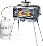 BERGER Camping Gasgrill Klappbar | Tragbarer Koffergrill mit 3 Brenner | 50 mbar für schnelles Kochen | 3 Kochstellen & ein Grillspieß inklusive | Für das ultimative Grillvergnügen