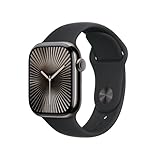 Apple Watch Series 10 (GPS + Cellular 42 mm) Smartwatch mit Titangehäuse in Schiefer und Sportarmband in Schwarz (S/M). Fitnesstracker, EKG App, Always-On Retina Display, Wasserschutz