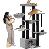 PAWZ Road [Made IN EU] Kratzbaum Grosse Katzen stabil mit Mehreren Ebenen, Kratzbaum groß mit Hängematte, 13 Sisalpfosten(φ11cm), Großer Sitzstange, Höhle, Körben, Kratzbaum XXL 169 cm, Schwarz