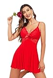 ADOME Sexy Unterwäsche für Frau Negligee Damen Babydoll Nachtwäsche Tiefer V-Ausschnitt Spitze Nachtkleid Dessous Nachthemd Rot XXL