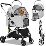 3 in1Hundebuggy Transporttasche Katzenbuggy,Bis 40 kg,Tragbarer Haustier Kinderwagen,Hundewagen mit Netzfenstern & Getränkehalter &Federstoßdämpfer,für Kleine und Mittelgroße Katze Hund(Silber grau)