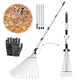 Laubrechen Verstellbar mit Stiel 215cm,Fächerbesen Laubbesen,Laubharke Metall mit Handschuhe,Gartenrechen,Rechen Garten,Laubfächer,Rasenrechen zum Reinigen von Pflanzen, Rasen und Hof