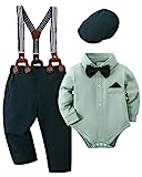 Amisssz Baby Jungen Gentleman Anzug, 4tlg Kinder Hochzeit Festlich Taufe Strampler mit Bowtie Hemden + Hosenträger Overalls Grün 6-12 Monate