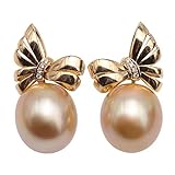 JYX Pearl 18 K Gelbgold baumelnde Ohrringe AAA+ echt 14 × 16 mm goldene Südsee-Zuchtperle gepunktet mit glänzenden Diamanten für Frauen