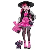 Monster High Draculaura-Puppe mit ihrem Haustier, der Fledermaus-Katze Count Fabulous, und Accessoires wie Rucksack, Zauberbuch, Bento-Box und mehr