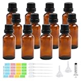 Episkey 12 Stück Braunglasflasche 30ml, Tropfflasche aus Glas Braune Apothekerflasche Set inkl. kleine Glasflaschen Tropfer Trichter Spritze und Etikett (Braun, 30ml)