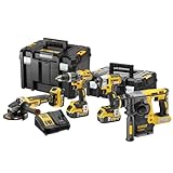 Dewalt 18V Kombopack DCK422P3T (4 tlg. Set: Akku-Schlagbohrschrauber DCD796, Akku- Schlagschrauber DCF887, SDS-Plus Akku-Kombihammer DCH273, Akku-Winkelschleifer DCG405, 3x 5 Ah Akkus, Ladegerät)