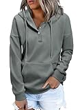 Xnova Pullover Hoodie Damen Knopfleiste Langarm Winter Herbst, Basic Kapuzenpullover Sweatshirt Fleece-Futter Warm Modische, Freizeit Sport Oberteil mit Kapuze Pulli Streetwear (Grau, M)