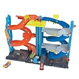 Hot Wheels City Trackset mit 1 Auto, 2-in-1-Rennturm, von Einzelbahn in zweispurige Rennbahn umwandelbar, manueller Aufzug, HKX43