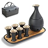 TEANAGOO Sake Set Japanisches Traditionell, Sake ReisweinSake, Karaffe (170 ml) mit 6 Sake Becher (25 ml) für heißen oder kalten japanischen Soju mit Servier Bambus Tablett Geschenksets 10 Stück/Set