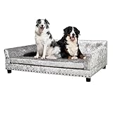 BingoPaw Luxus Samt Hundesofa XXL: Mordern Haustiersofa Hundecouch für Grosse Hunde, Erhöhtes Hundebett mit weichem Kissen und Rückenlehne, Grau 120x74x40cm