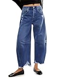 Cicy Bell Damen Baggy Wide Leg Boyfriend Jeans Mid Rise Barrel Cropped Raw Hem Denim Pants, Blau, 42