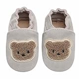 IceUnicorn Baby Lauflernschuhe Krabbelschuhe Baby Mädchen Jungen Lederschuhe Baby Weicher Leder Hausschuhe Baby Wildledersohlen Babyschuhe(Grauer Bär, 12-18 Monate)