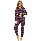 Mnemo Home Damen Schlafanzug Lang Flanell Pyjama Damen 100% Baumwolle aus Flanell (Blaues Pulver mit Golddraht, M)