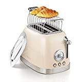 Wiltal Toaster 2 Scheiben, Retro, mit Brötchenaufsatz, mit Deckel aus Edelstahl, Vorheiz-, Auftau- und Abbruchfunktion, Countdown-Timer-Anzeige, Schnell-Toaster(Cremeweiß)