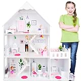 Green series Puppenhaus Holz Groß - Hölzernes Barbie , Version mit rosa Zubehör, 57 Zubehörteile enthalten, Barbiehauser , Modell GS0023B, LED-Licht (Premium)