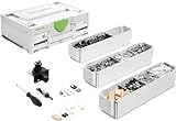 Festool DOMINO Verbinder Sortiment KV-SYS D8 (mit Korpusverbinder DOMINO, Mittenverbinder DOMINO, Abdeckkappen, DOMINO D, Bohrschablone, Beschlagbohrer, Schraubendreher), im Systainer