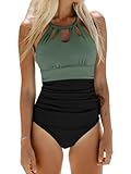 CUPSHE Damen Badeanzug High Neck Zierausschnitt Bauchweg Raffungen Strandmode Einteilige Bademode Swimsuit Schwarz/Grün M