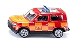 siku 1568, Land Rover Defender Feuerwehr, Spielzeug-Auto, Metall/Kunststoff, Rot/Gelb, Anhängerkupplung, Gummierte Reifen, Blaue Signalbalken