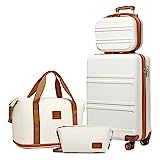 KONO Reisekoffer Set Gepäcksets 4 Teilig Kofferset, 55cm Handgepäck mit Beautycase Kosmetikkoffe mit handgepäck Reisetasche mit Kulturbeutel (Creme Weiß)