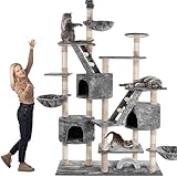 HAPPYPET Kratzbaum deckenhoch 260 cm hoch, Kletterbaum SAM – Großer XXL Katzenbaum Stabil für mehrere Katzen, stabile 8 cm Säulen, Liegemulden, Häuser, mit Zubehör, Grau