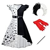 FYMNSI Mädchen Cruella Deville Kostüm Kinder Cruella de Vil Cosplay Schwarz Weiß Vokuhila Gepunktet Kleid Perücke Handschuhe Stange Set 101 Dalmatiner Verkleidung für Halloween Fasching 4-5 Jahre