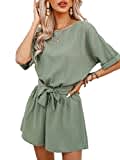 CUPSHE Damen Jumpsuit Rundhals Kurzarm Rückenschlitz Weites bein Kurz Romper mit Taillenschnürung Sommer Hosenanzug Playsuit Grün M