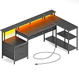 Rolanstar Schreibtisch L Form mit Schubladen, reversibler Gaming Tisch mit Steckdose, LED & Monitorständer 163 cm Computertisch für Büro Arbeitszimmer Schlafzimmer