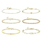 Dochais 6 Stück Kette Armbander Gold für Damen 14 Karat Vergoldet Armkette Mädchen Twist Figaro Kettenarmbänder Verstellbar Modeschmuck Armbänder Set