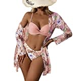 Litthing Damen Bikini Set mit Schalbluse, Push up Verstellbar Crossover Ties-up Neckholder Bikinioberteil Gedruckt High Waist Bikini Bademode Bauchweg Swimsuit, Rosa