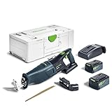 Festool – Akku-Säbelsäge RSC 18 5,0 EB-Plus inkl. Akkupacks BP 18 Li 5,0 + Schnellladegerät + Absaugvorrichtung + Säbelsägeblatt WOOD UNIVERSAL + Systainer SYS3 L 187