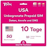 TSIM USA SIM-Karte 10 Tage | Unbegrenztes Datenvolumen, Anrufe & SMS | Prepaid USA SIM | Nutzt das T-Mobile-Netzwerk | Nummer vor der Reise erhalten | Hotspot-Sharing erlaubt | 5G SIM Karte!