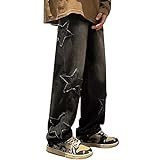 Foweknow Jeanshose Herren Sterne Drucken Denim Pants Patchwork Baggy Hip Hop Freizeithose Vintage Y2K Straight Leg Streetwear Skateboard Chino Hose Modische Cowboy Outdoorhose