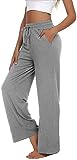 VIGVAN Jogginghose Damen Yogahose Weites Bein Freizeithose Trainingshose Sporthose Aktive Freizeit Gerades Bein Kordelzug Lose Lounge Pants mit Taschen (Hellgrau, XL-1)